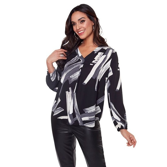 Women V-Neck Long Sleeve Blouse Size XXL Compli-K Black & White Brush Stroke NWT - Picture 1 of 1